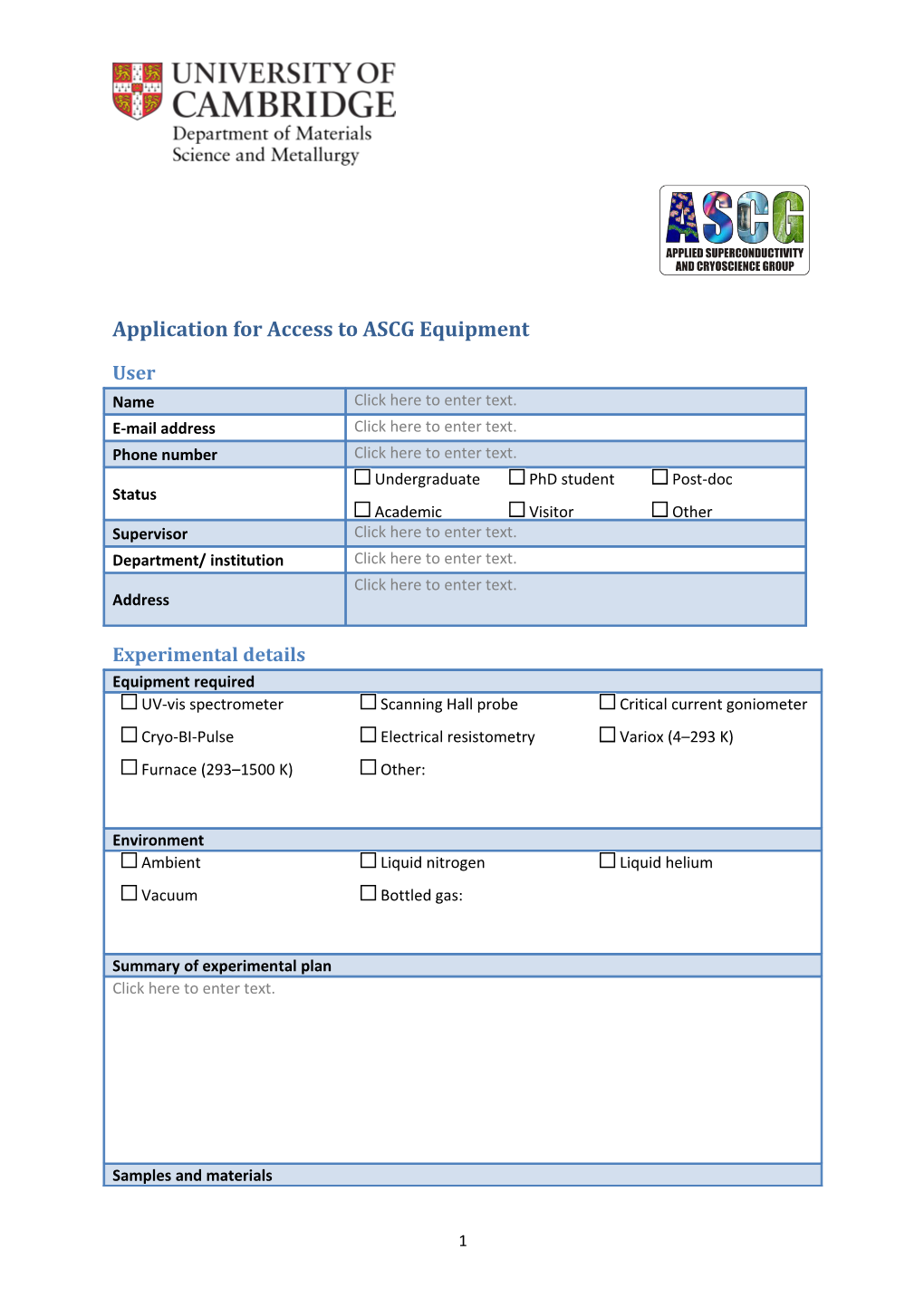 Application for Access to ASCG Equipment