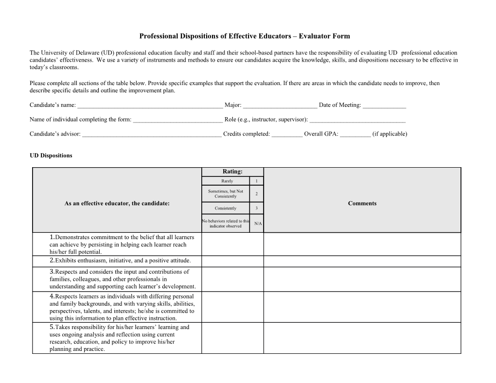 Professional Dispositions of Effective Educators Evaluator Form