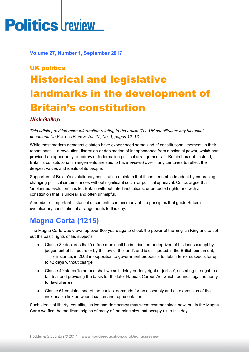 Historical and Legislative Landmarks in the Development of Britain S Constitution