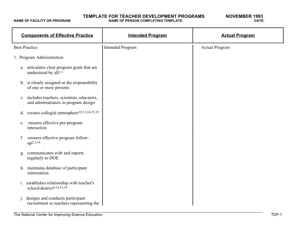 Template for Teacher Development Programs November 1993