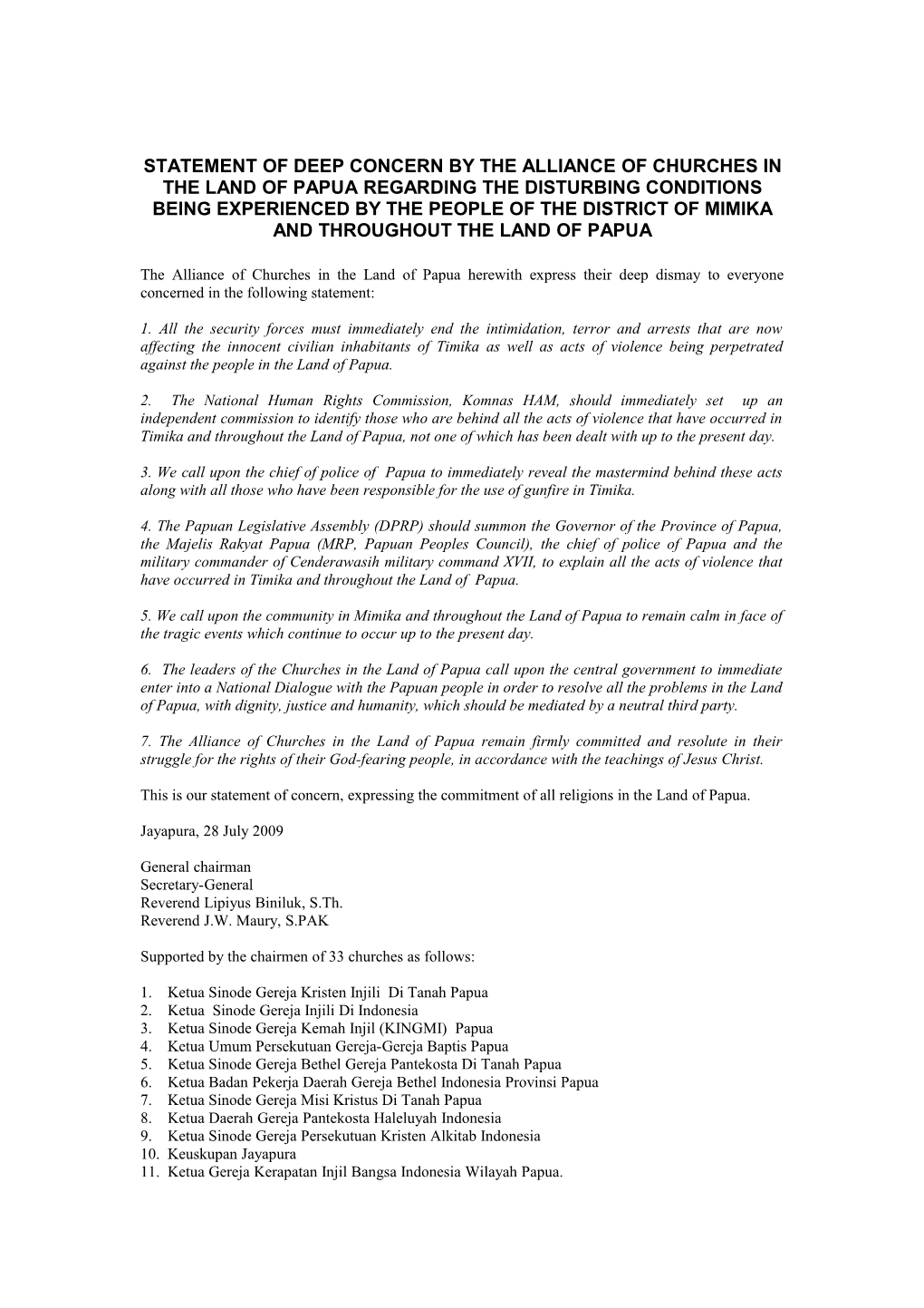 Statement of Deep Concern by the Alliance of Churches in the Land of Papua Regarding The