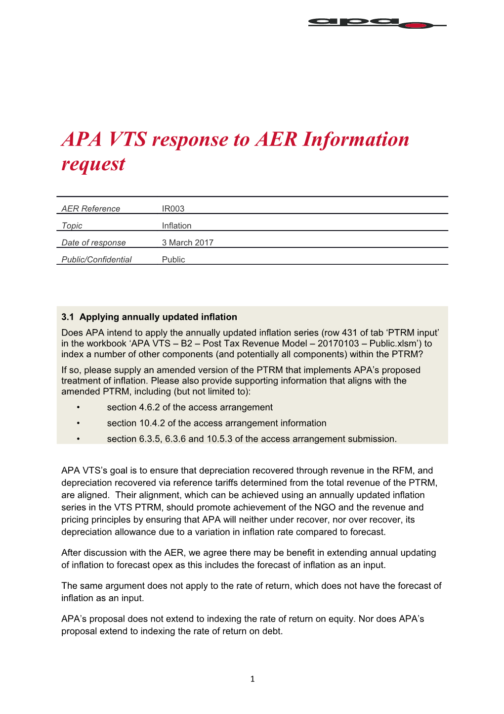 APA VTS Response to AER Information Request