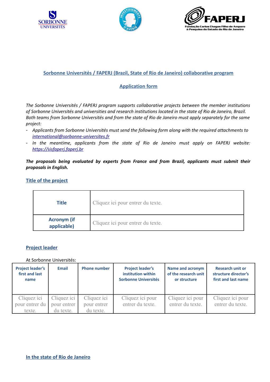 Sorbonne Universités / FAPERJ (Brazil, State of Rio De Janeiro)Collaborative Program