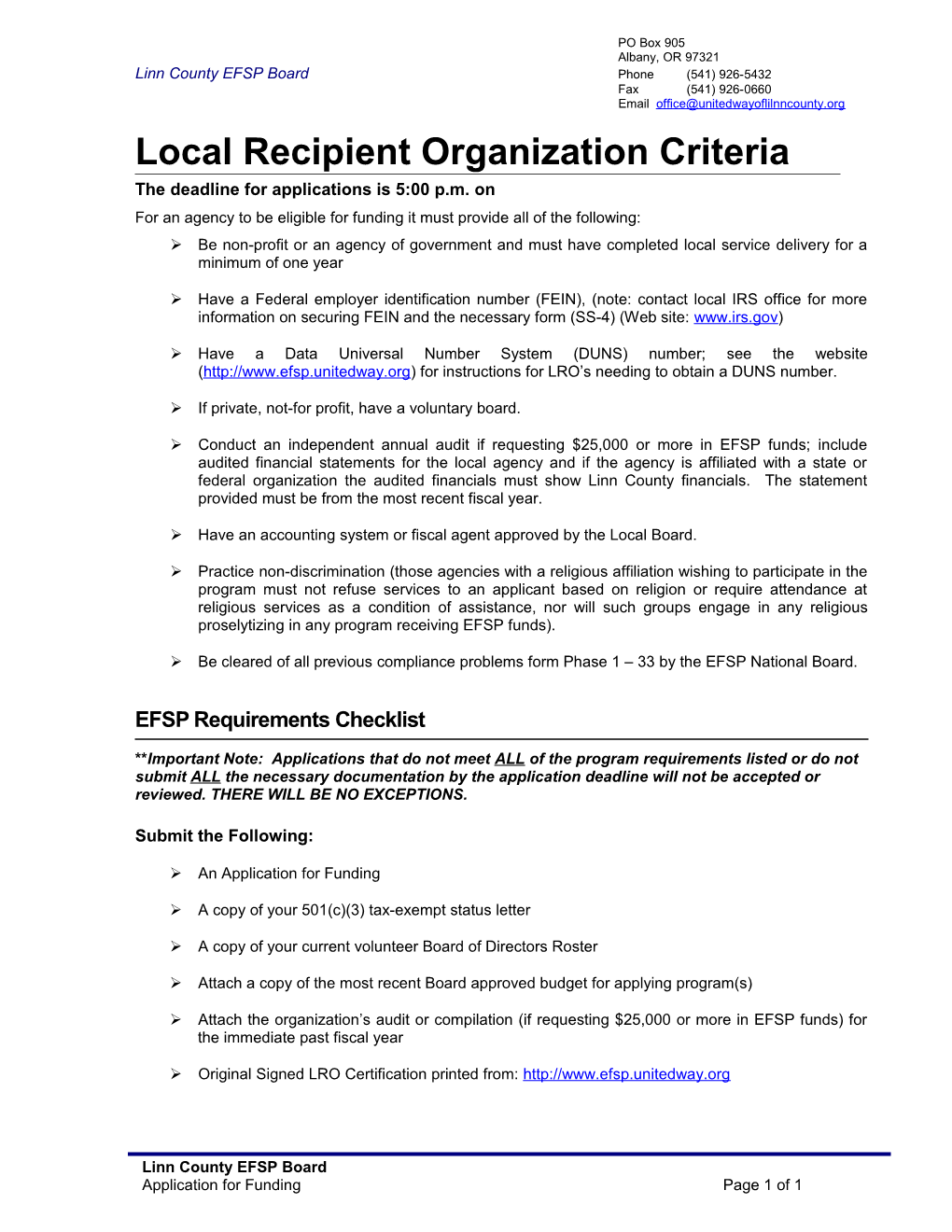 Local Recipient Organization Criteria