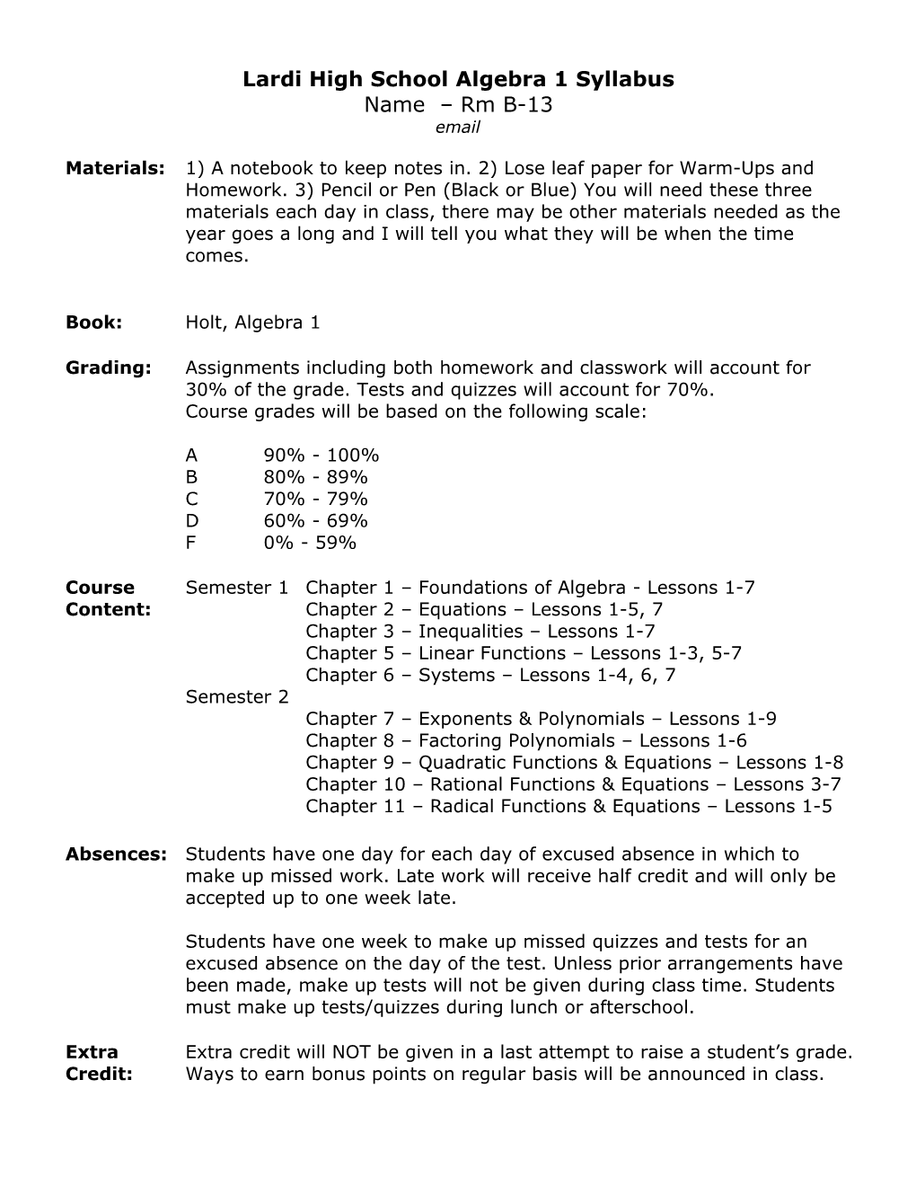 Lardi High School Algebra 1 Syllabus