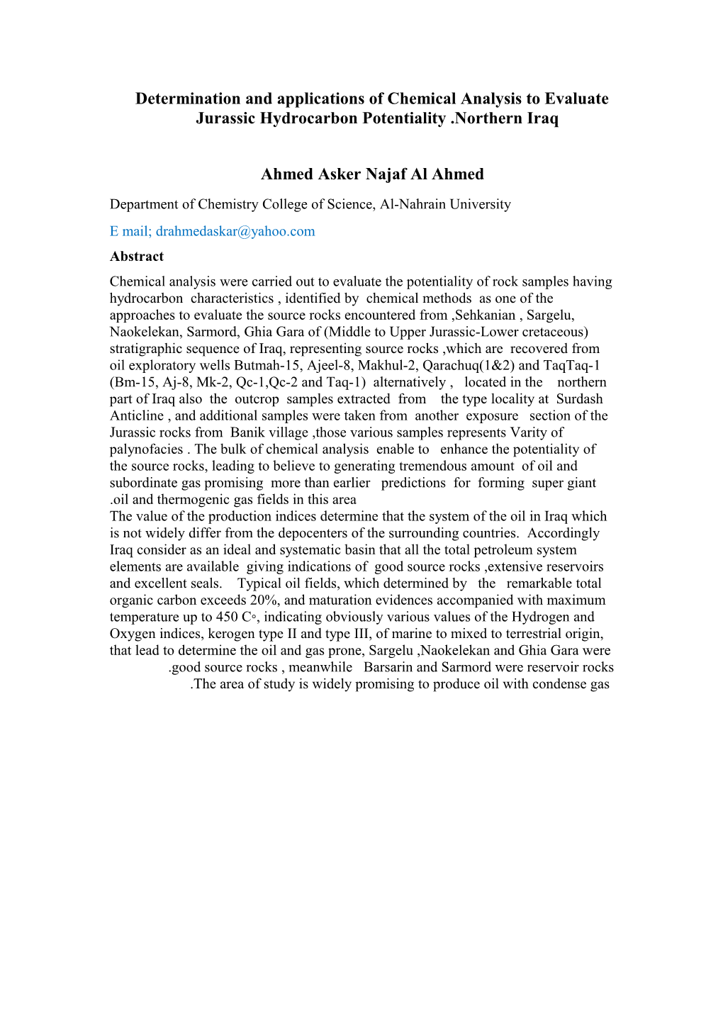 Determination and Applications of Chemical Analysis to Evaluate Jurassic Hydrocarbon