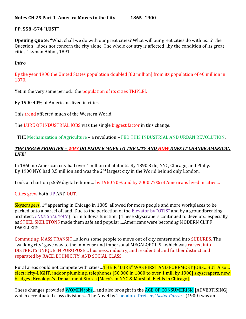 Notes CH 25 Part 1 America Moves to the City 1865 -1900