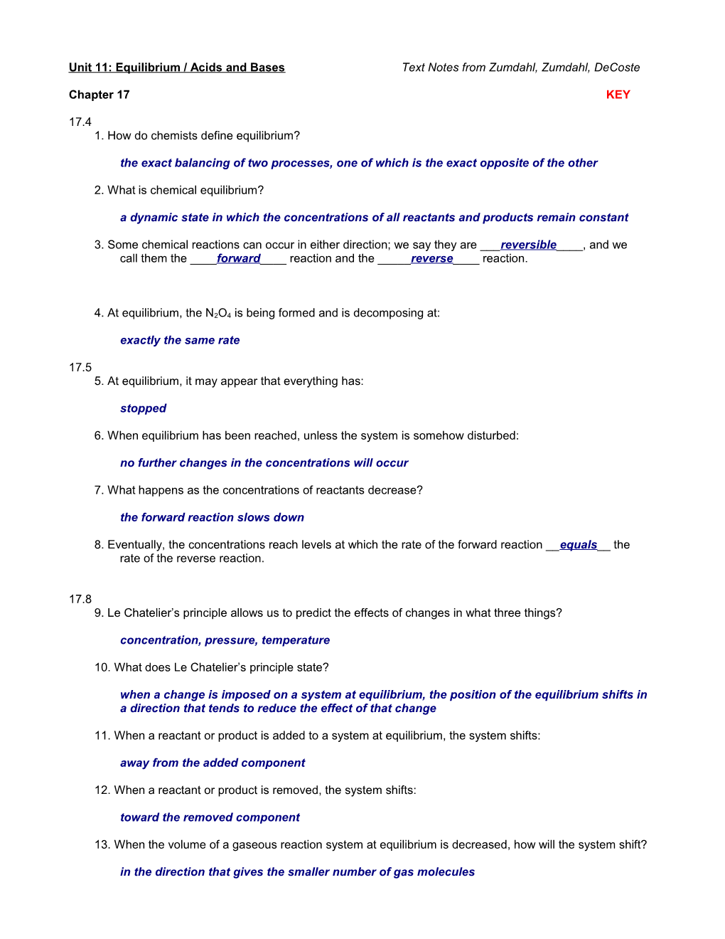 Unit 11: Equilibrium / Acids and Bases