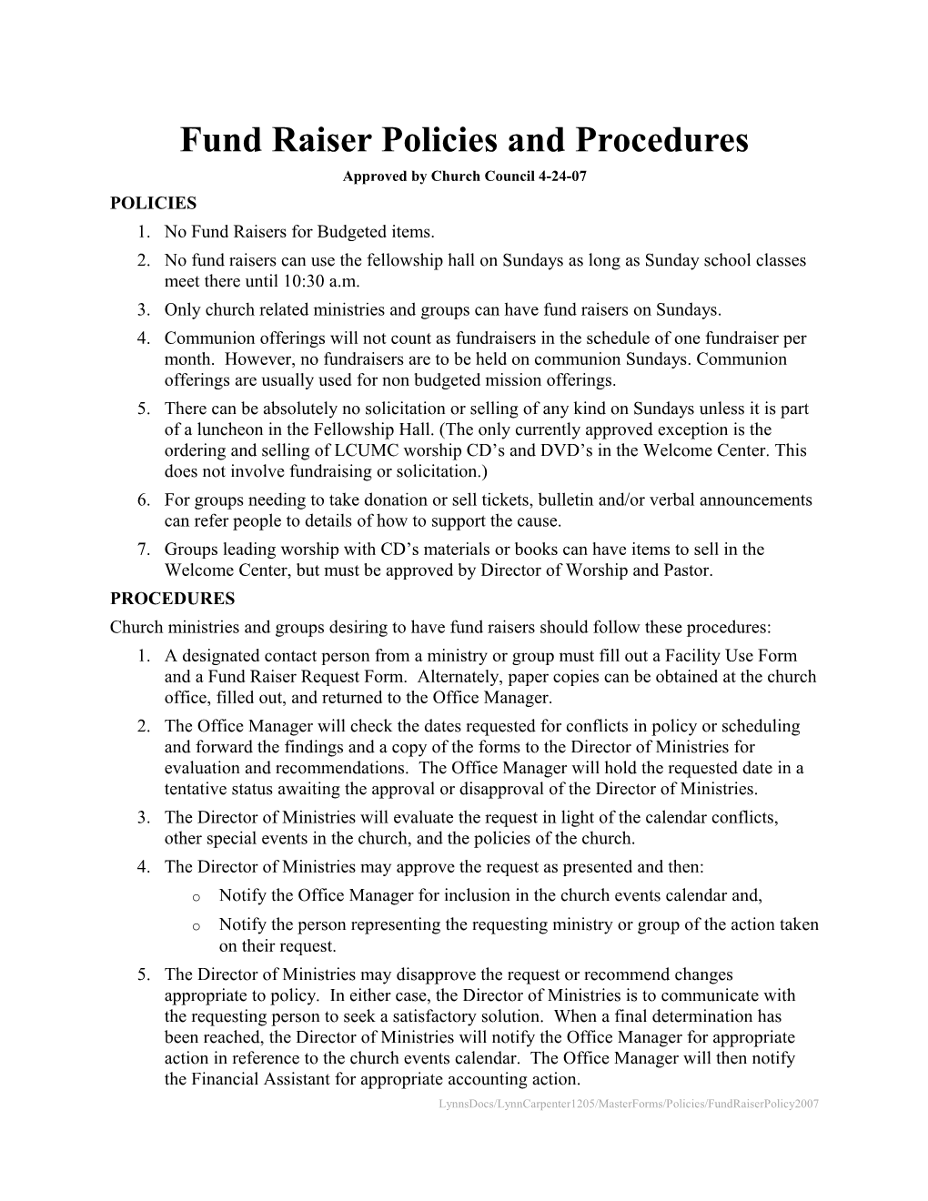 Fund Raiser Policies and Procedures