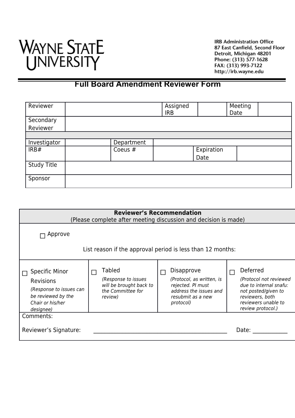 Full Board Amendment Reviewer Form