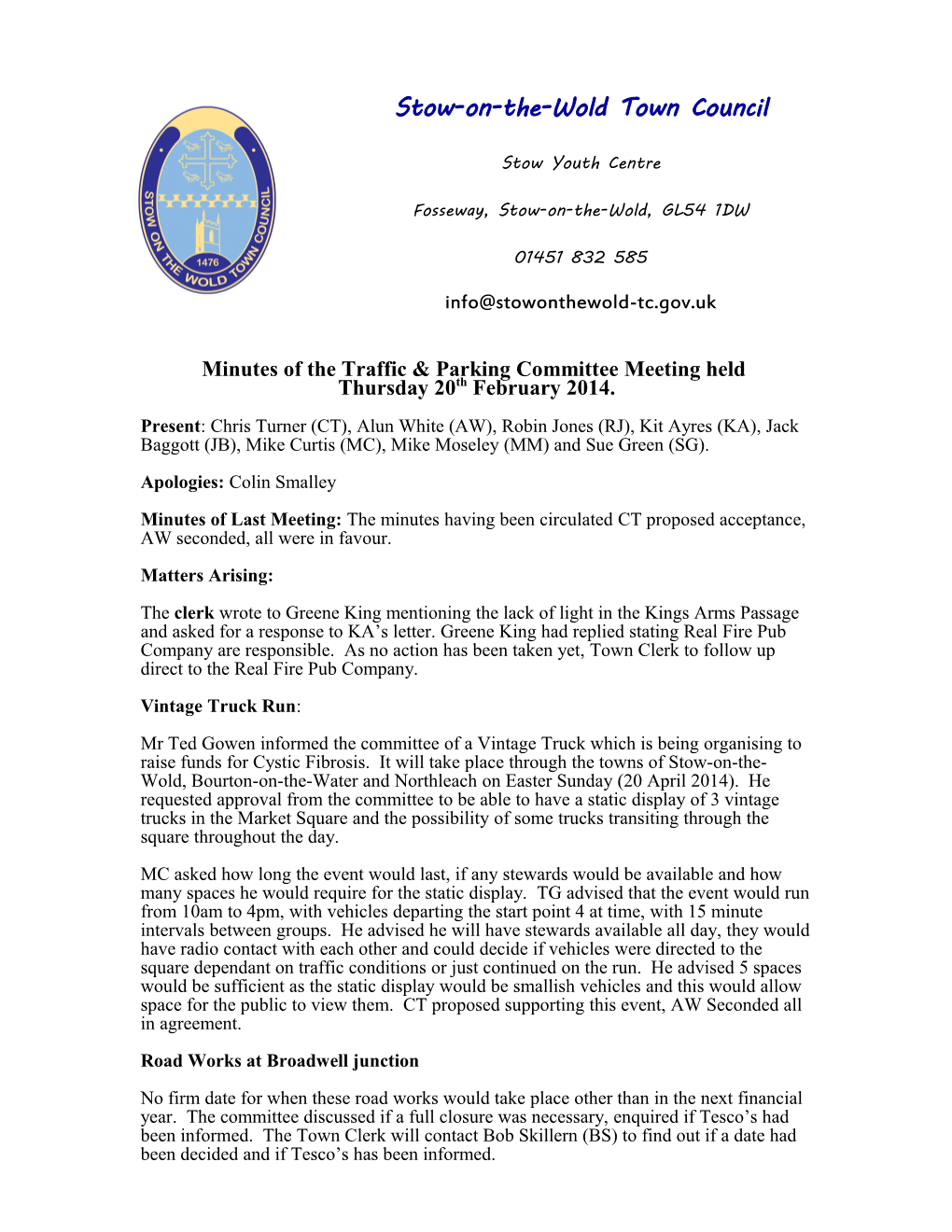 Minutes of the Traffic & Parking Committee Meeting Held Wednesday 24Th November 2010