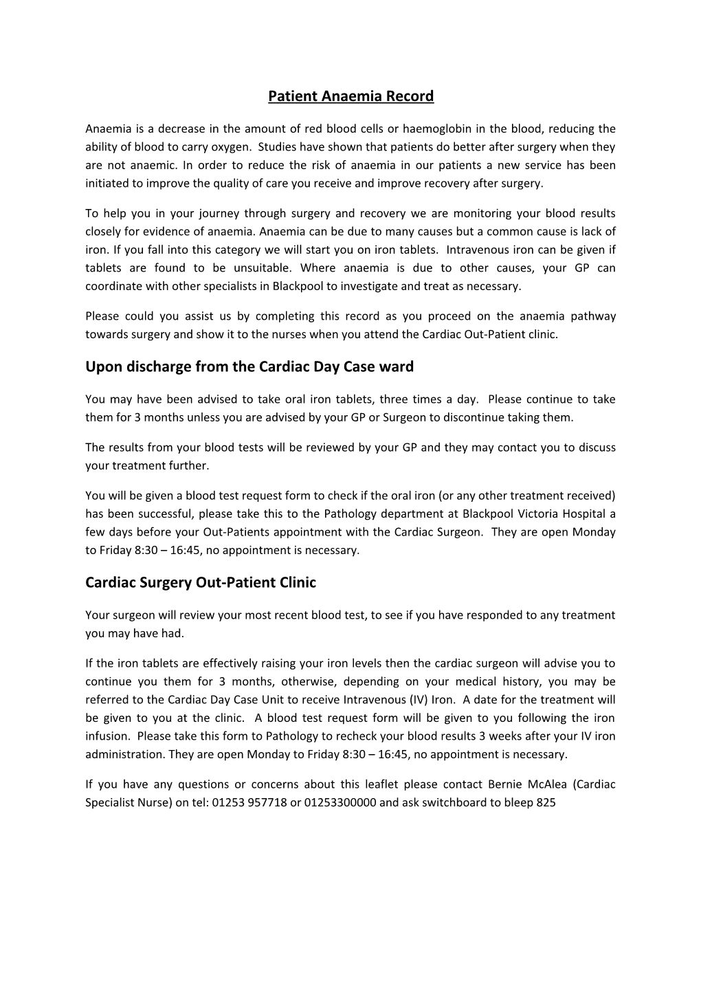 Patient Anaemia Record