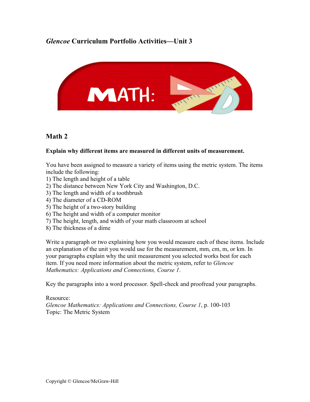 Glencoe Curriculum Portfolio Activities Unit 3