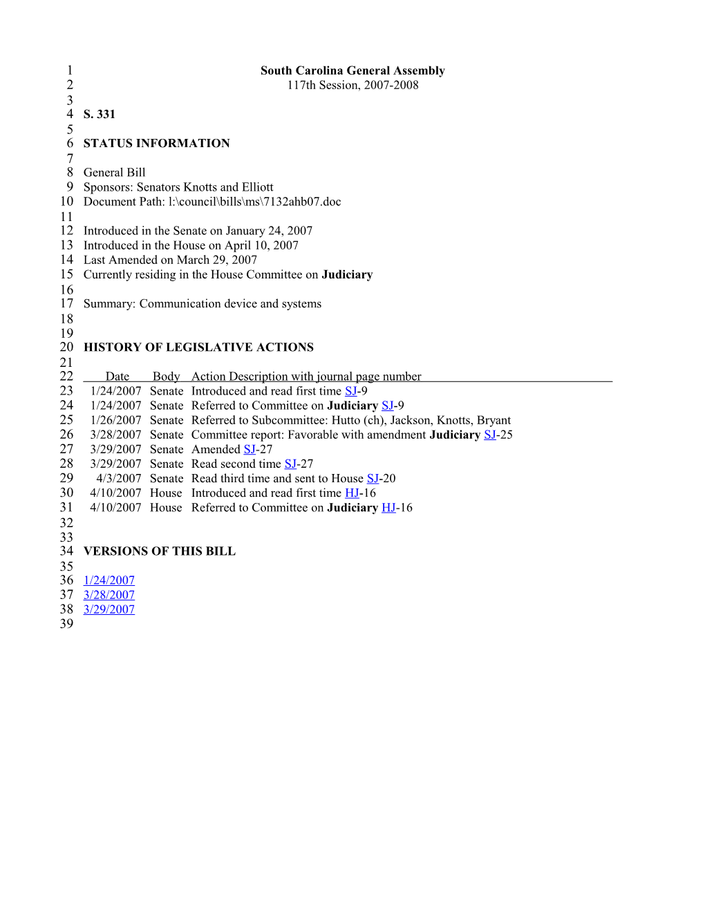 2007-2008 Bill 331: Communication Device and Systems - South Carolina Legislature Online