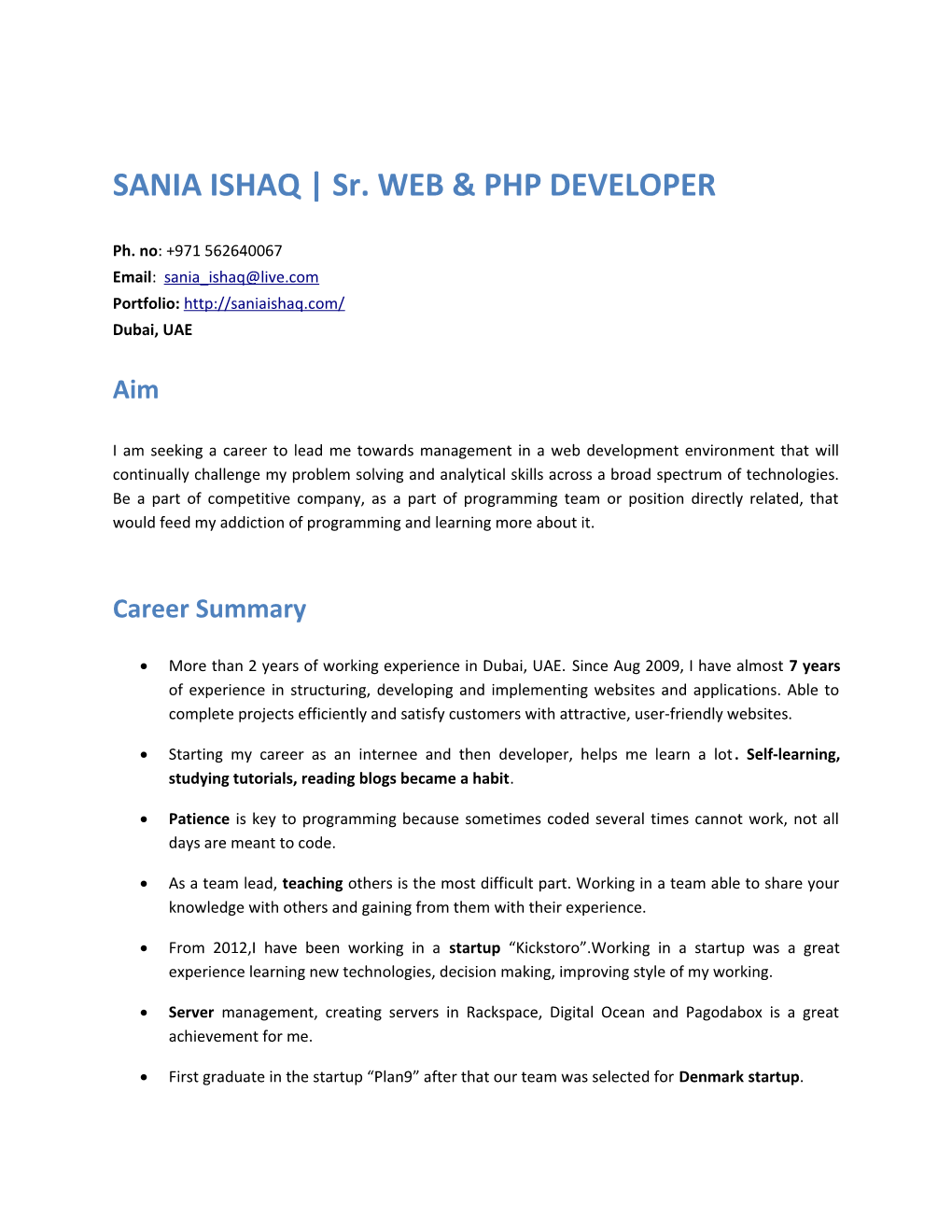 SANIA ISHAQ Sr. WEB & PHP DEVELOPER