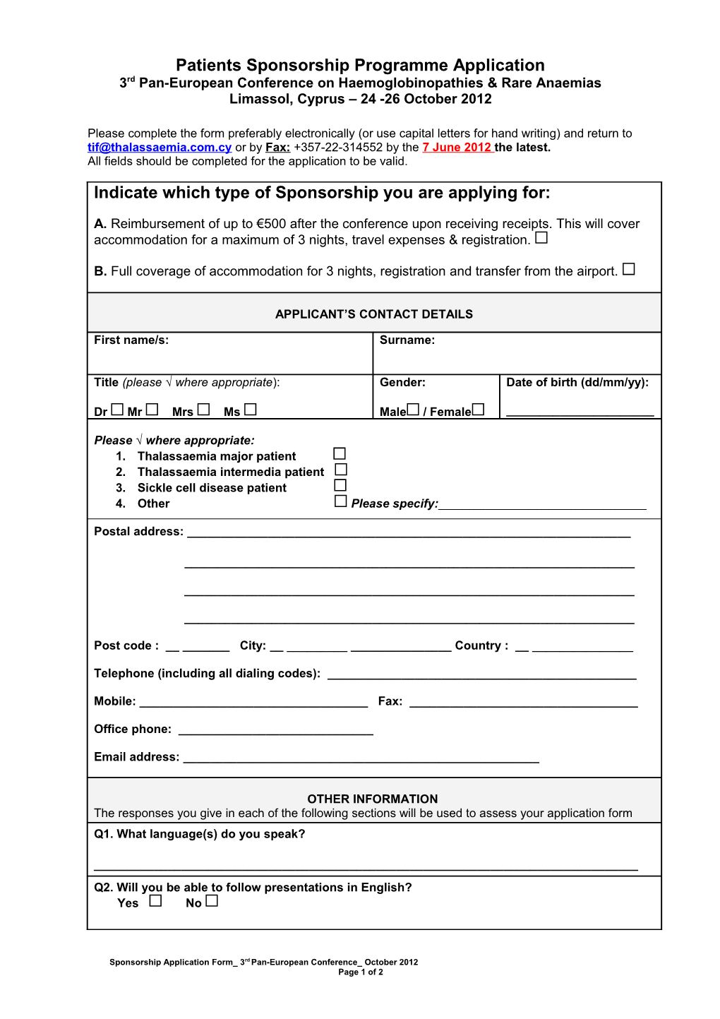 Sponsorship Application Form for Patients