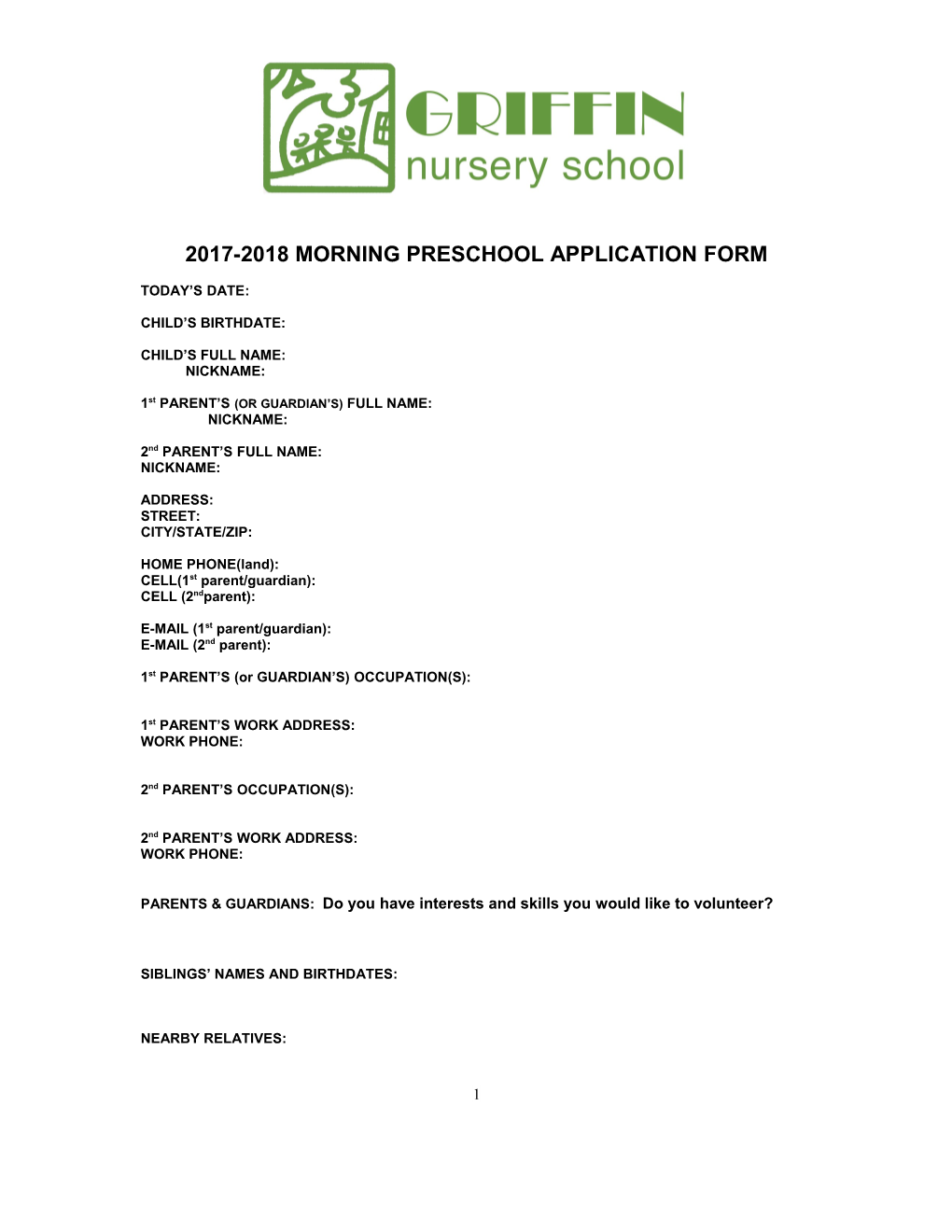 2017-2018 Morning Preschool Application Form