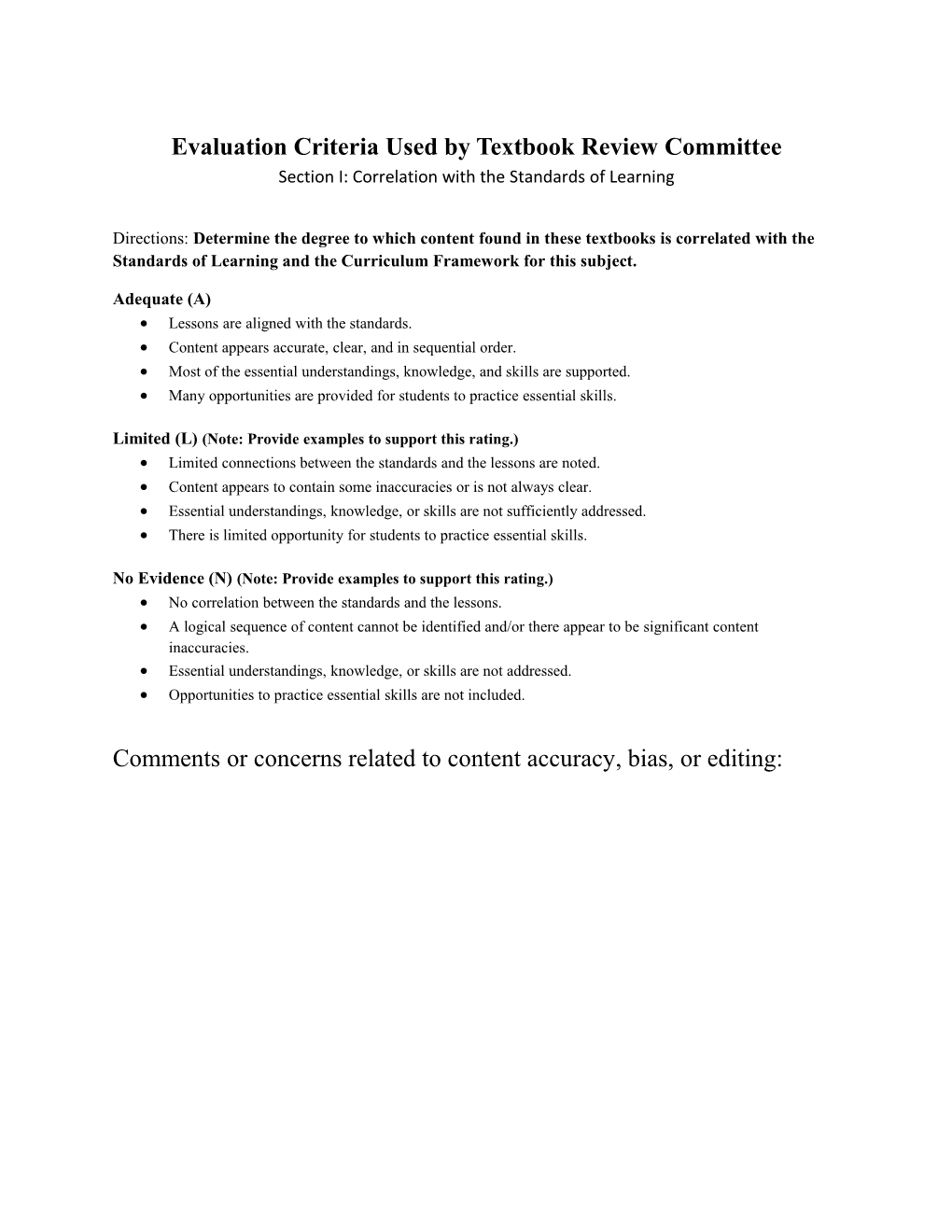 Evaluation Criteria Used by Textbook Review Committee