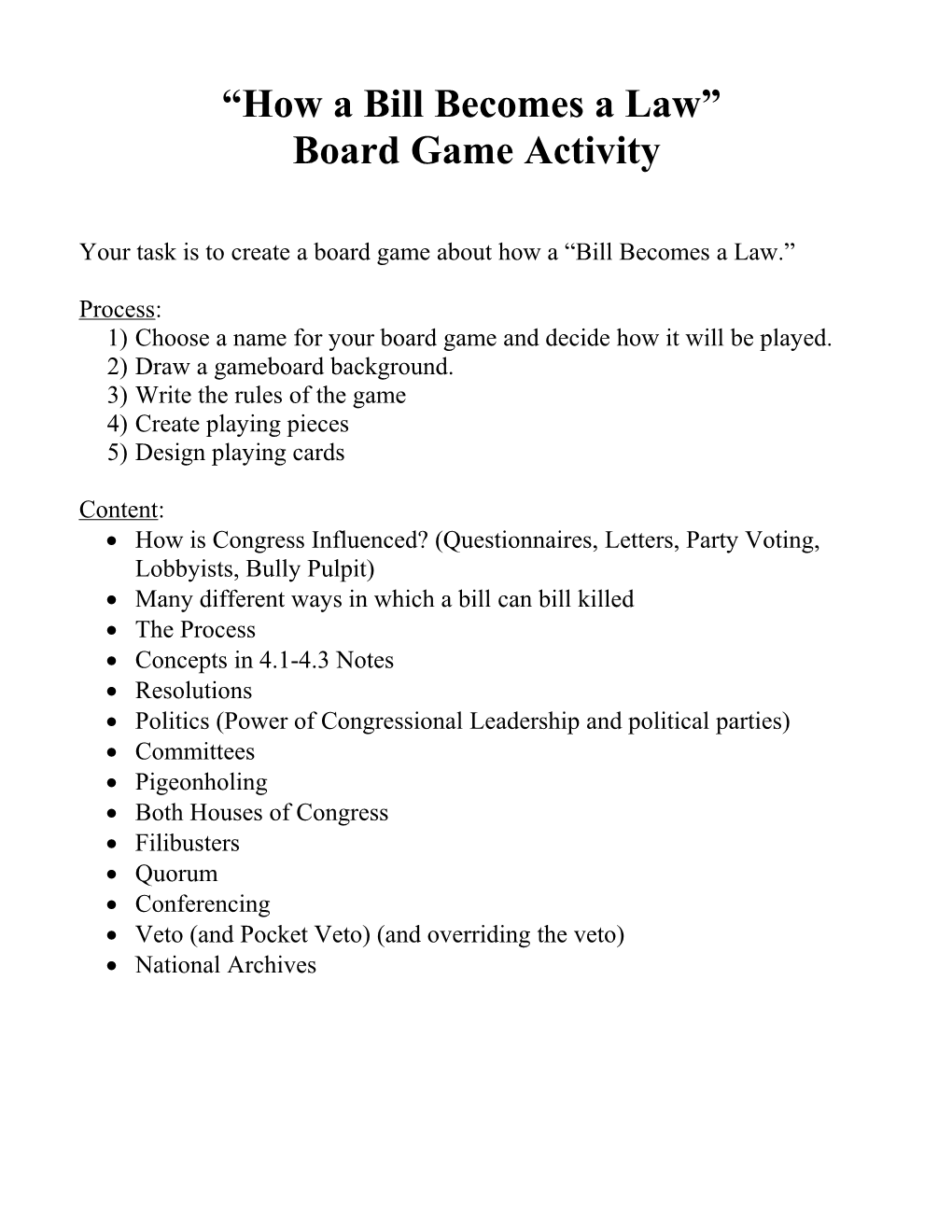 “How A Bill Becomes A Law” Board Game Activity