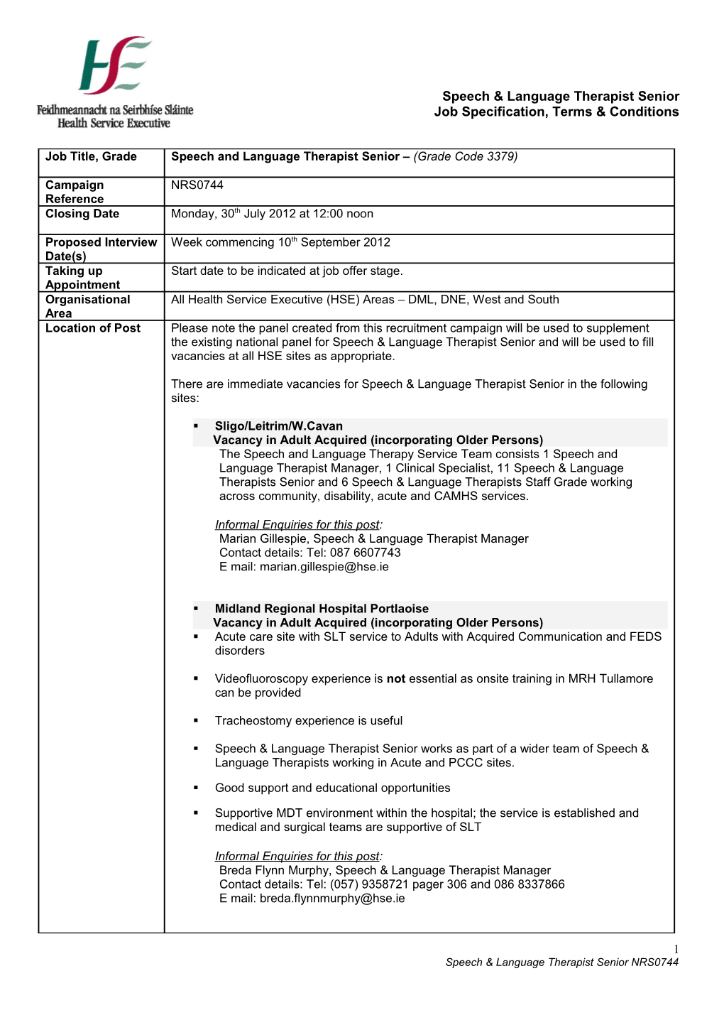 Speech & Language Therapist (Senior Grade) Job Specification, Terms & Conditions