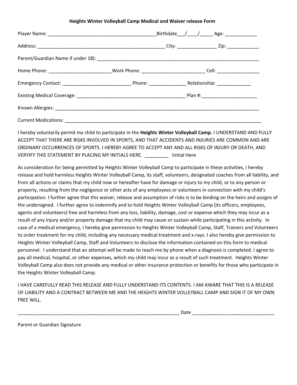 Youth Sports Medical Release Form