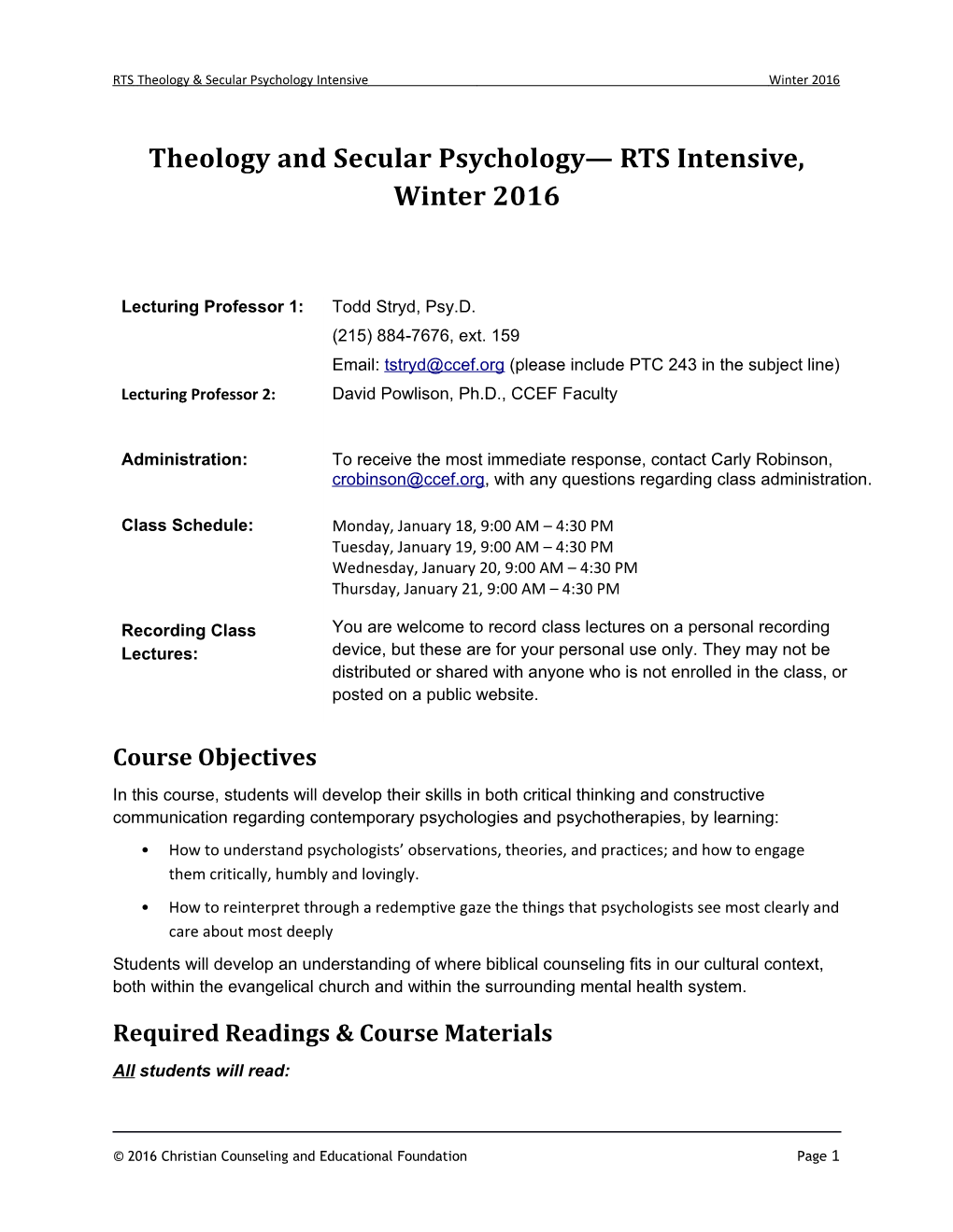 RTS Theology & Secular Psychology Intensive Winter 2016