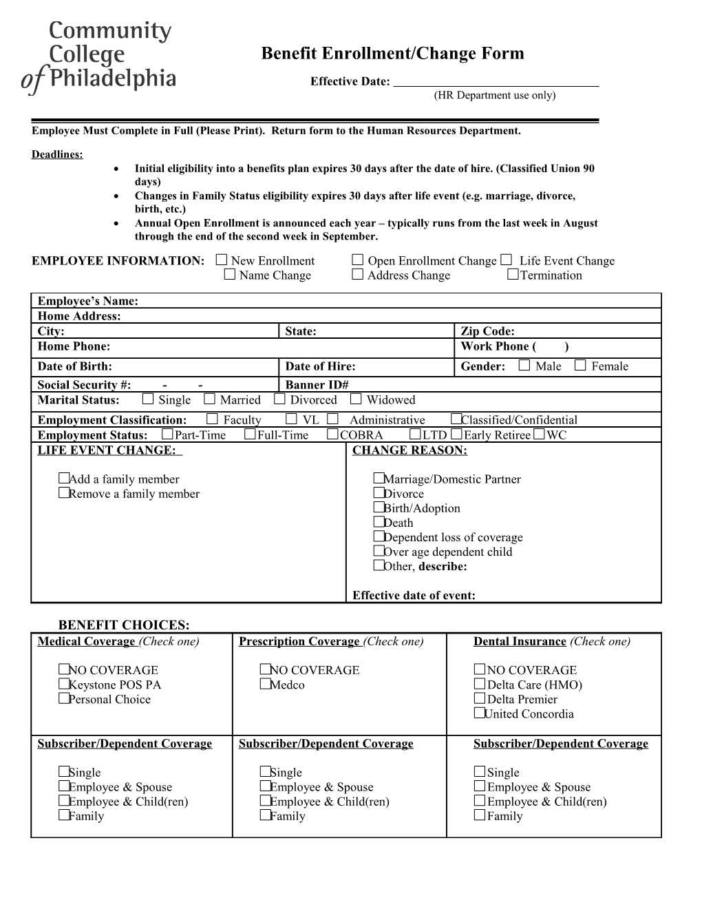 Benefit Enrollment/Change Form