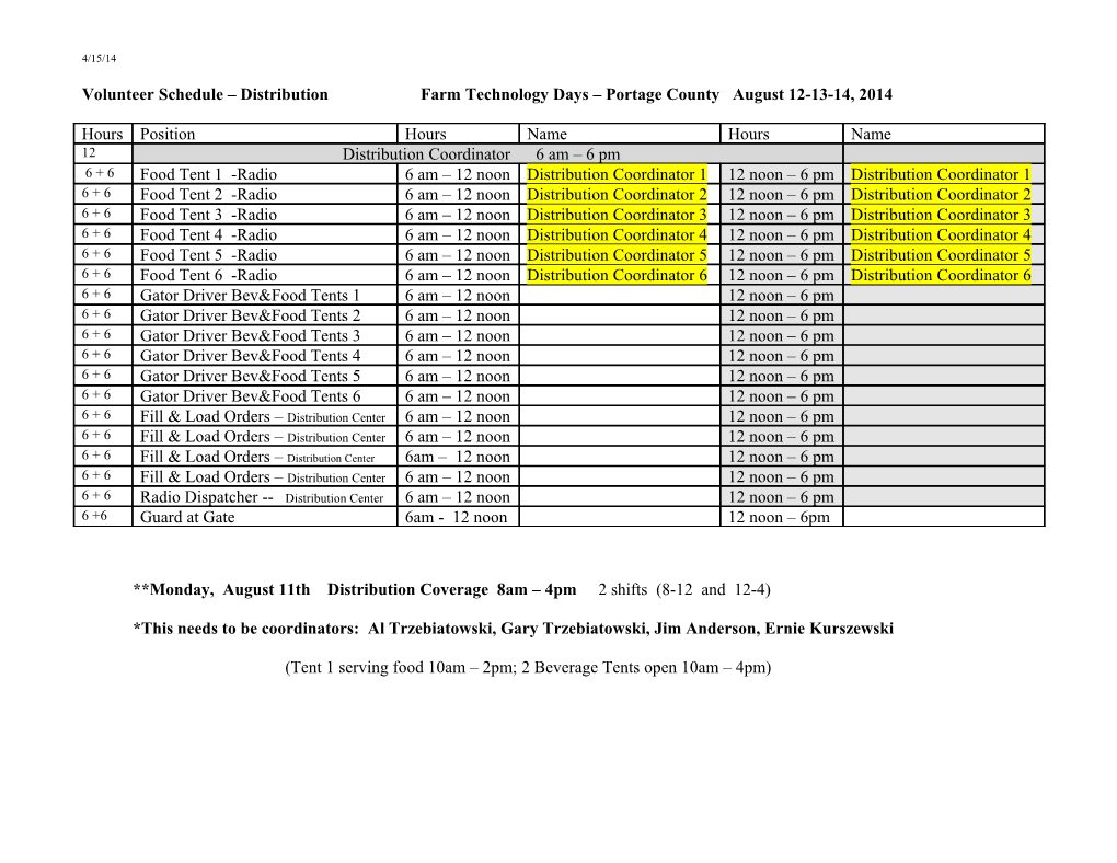 Volunteer Schedule DRAFT