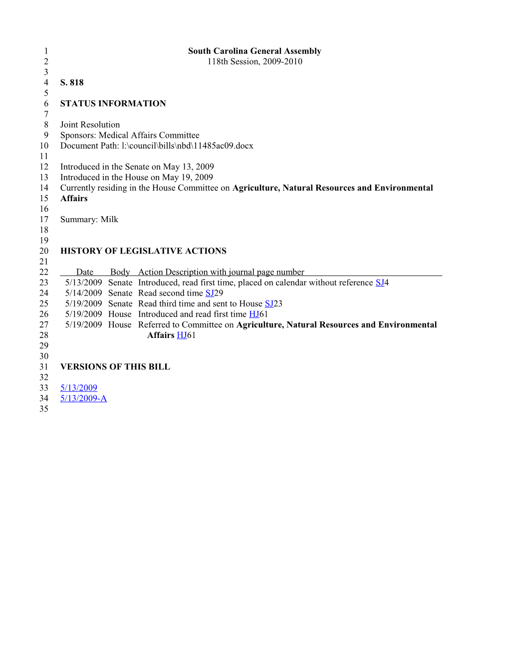 2009-2010 Bill 818: Milk - South Carolina Legislature Online