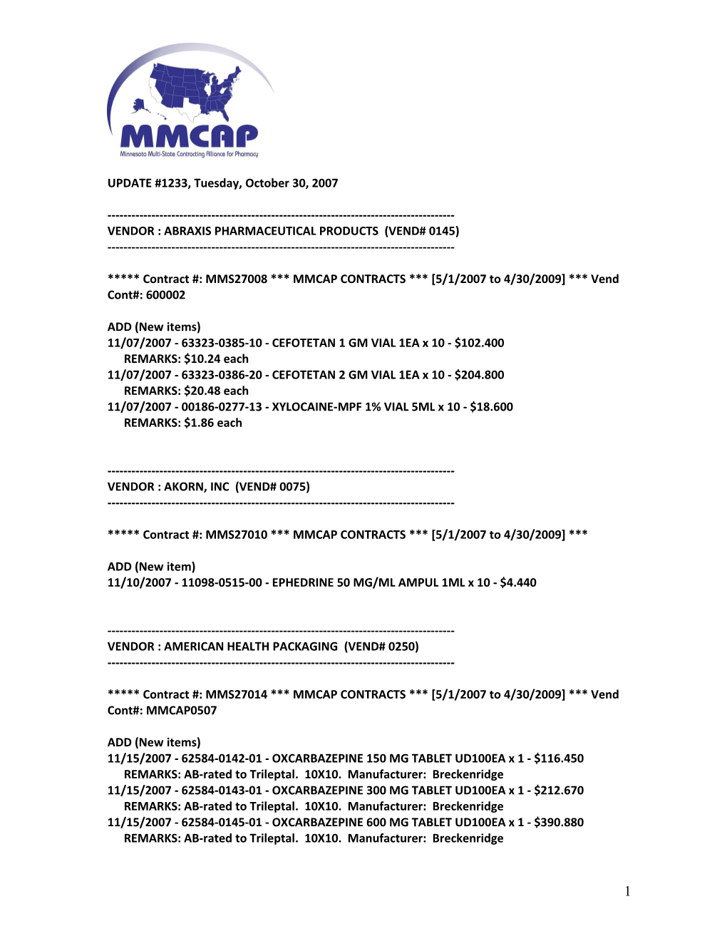 Vendor : Abraxis Pharmaceutical Products (Vend# 0145)