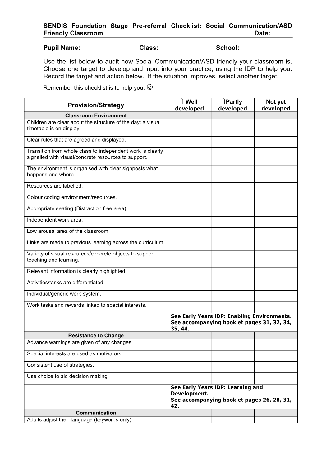 Checklist For ASD Friendly Classroom