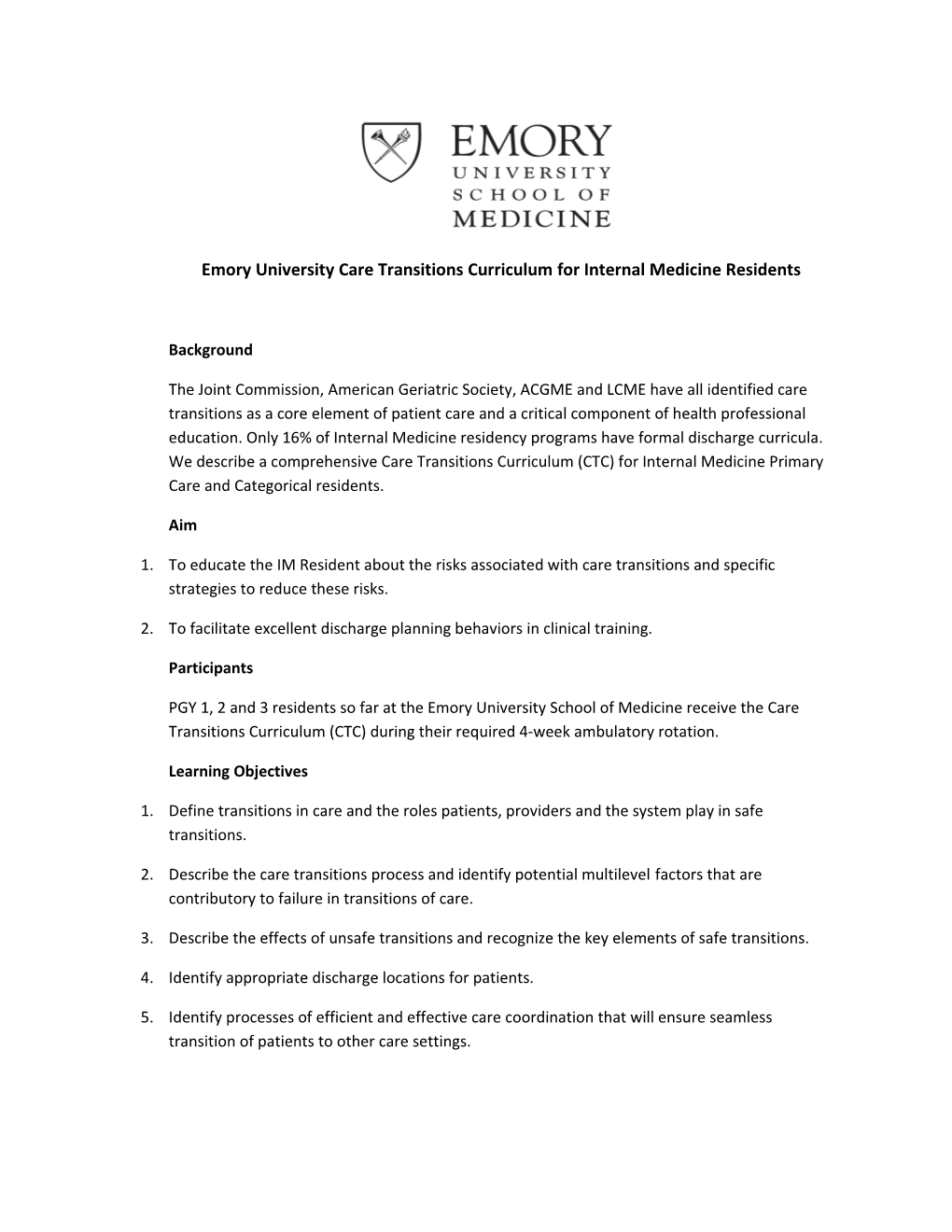 Emory University Care Transitions Curriculum for Internal Medicine Residents