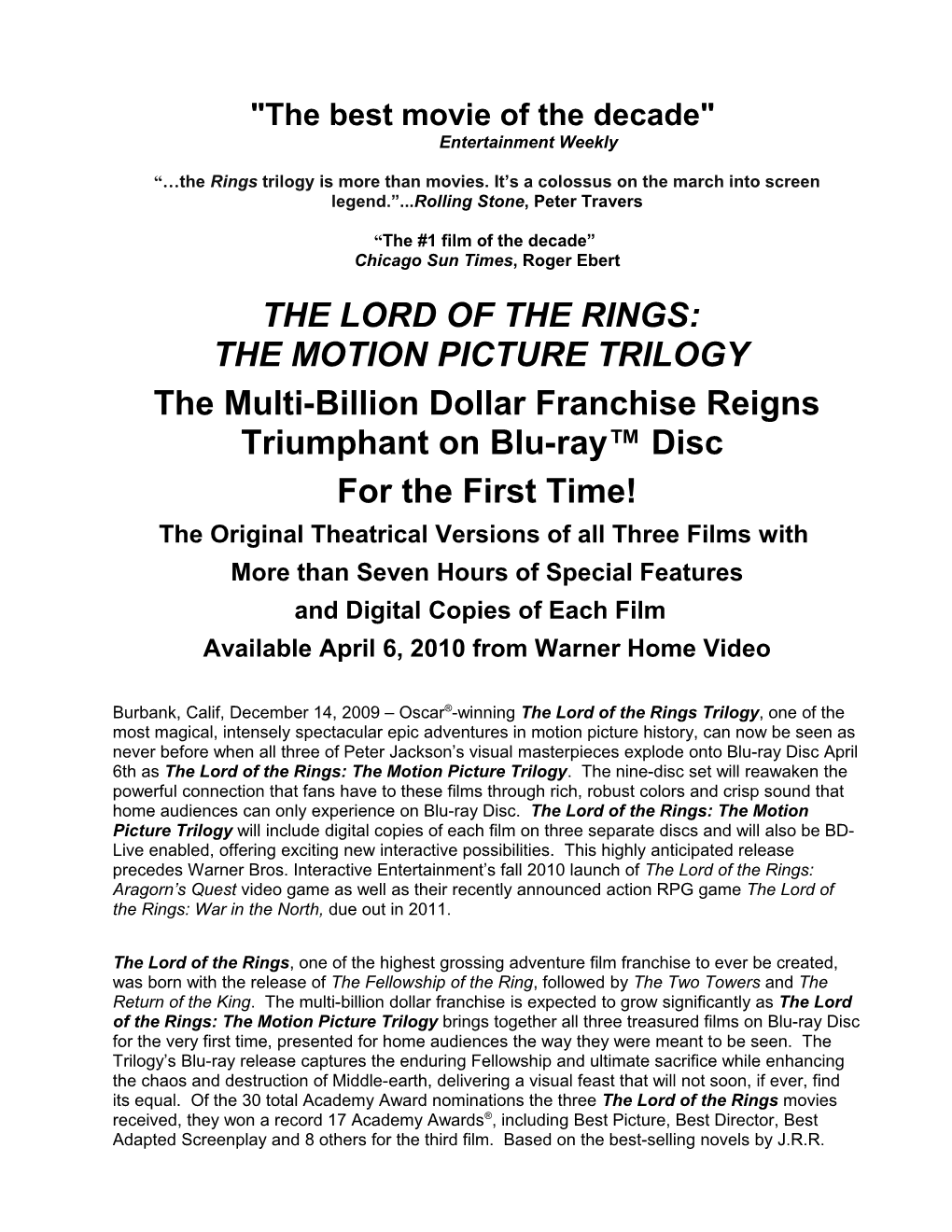 LOTR The Motion Picture Trilogy On Blu-Ray
