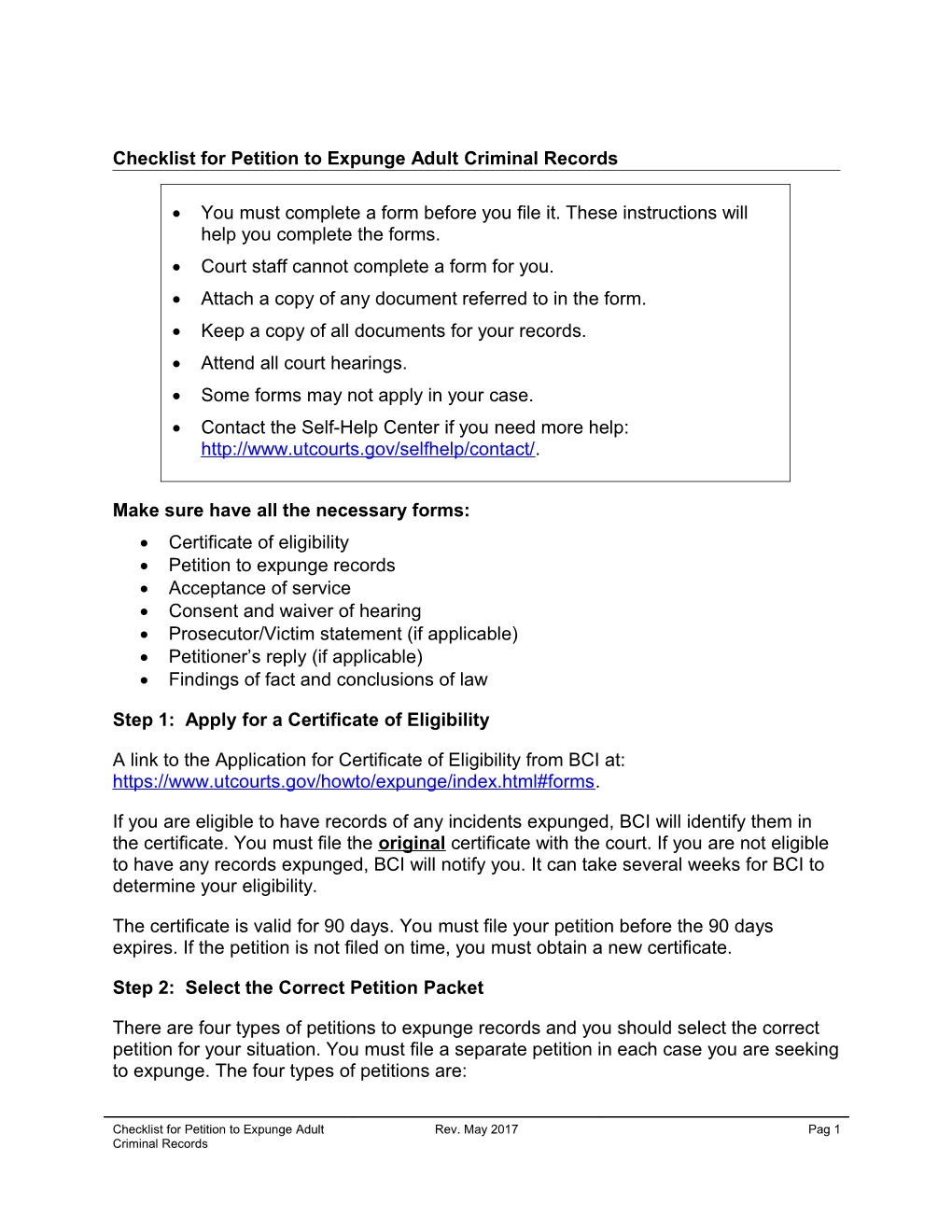 Checklist for Petition to Expunge Adult Criminal Records (2/28/2014)