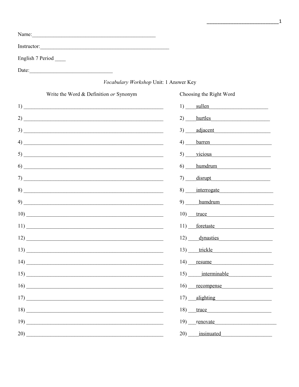 Vocabulary Workshop Unit: 1 Answer Key