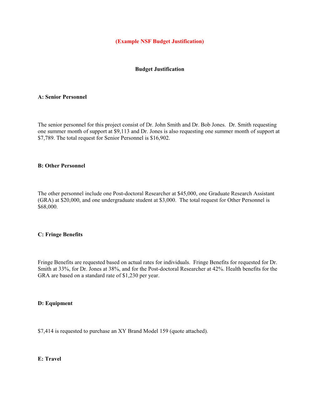 Example NSF Budget Justification