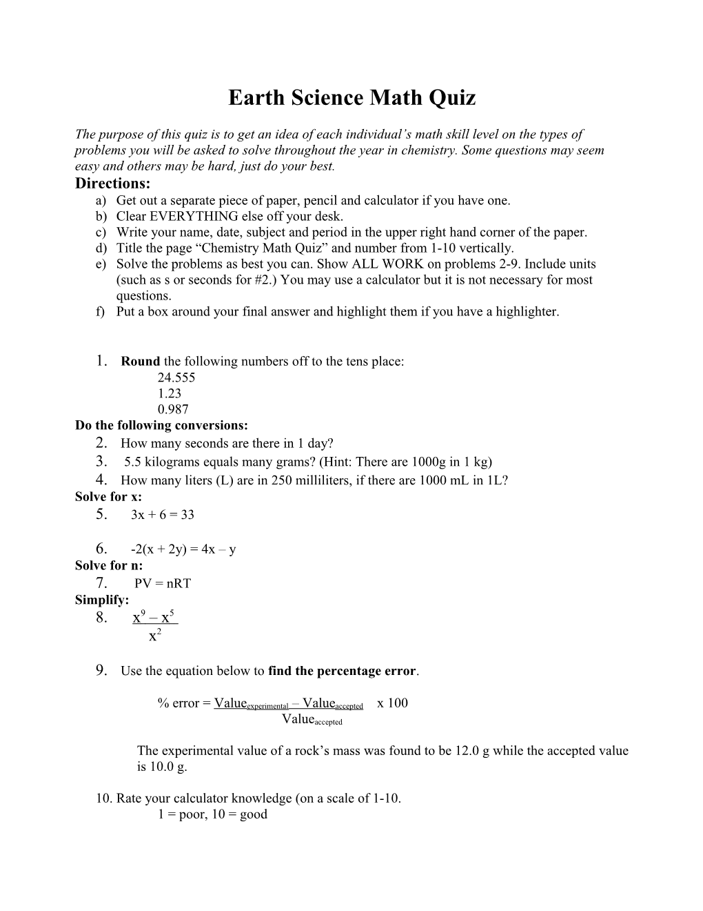 Chemistry Math Quiz