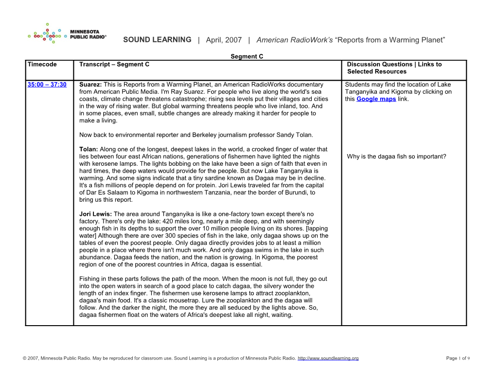 SOUND LEARNING April, 2007 American Radiowork S Reports from a Warming Planet