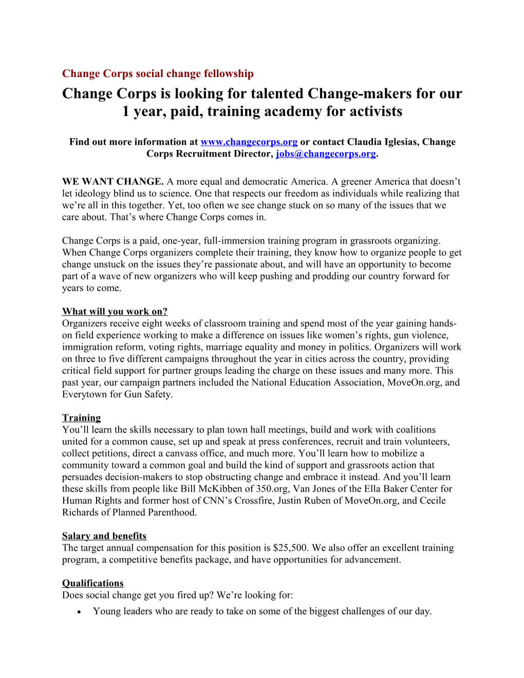 Change Corps Social Change Fellowship