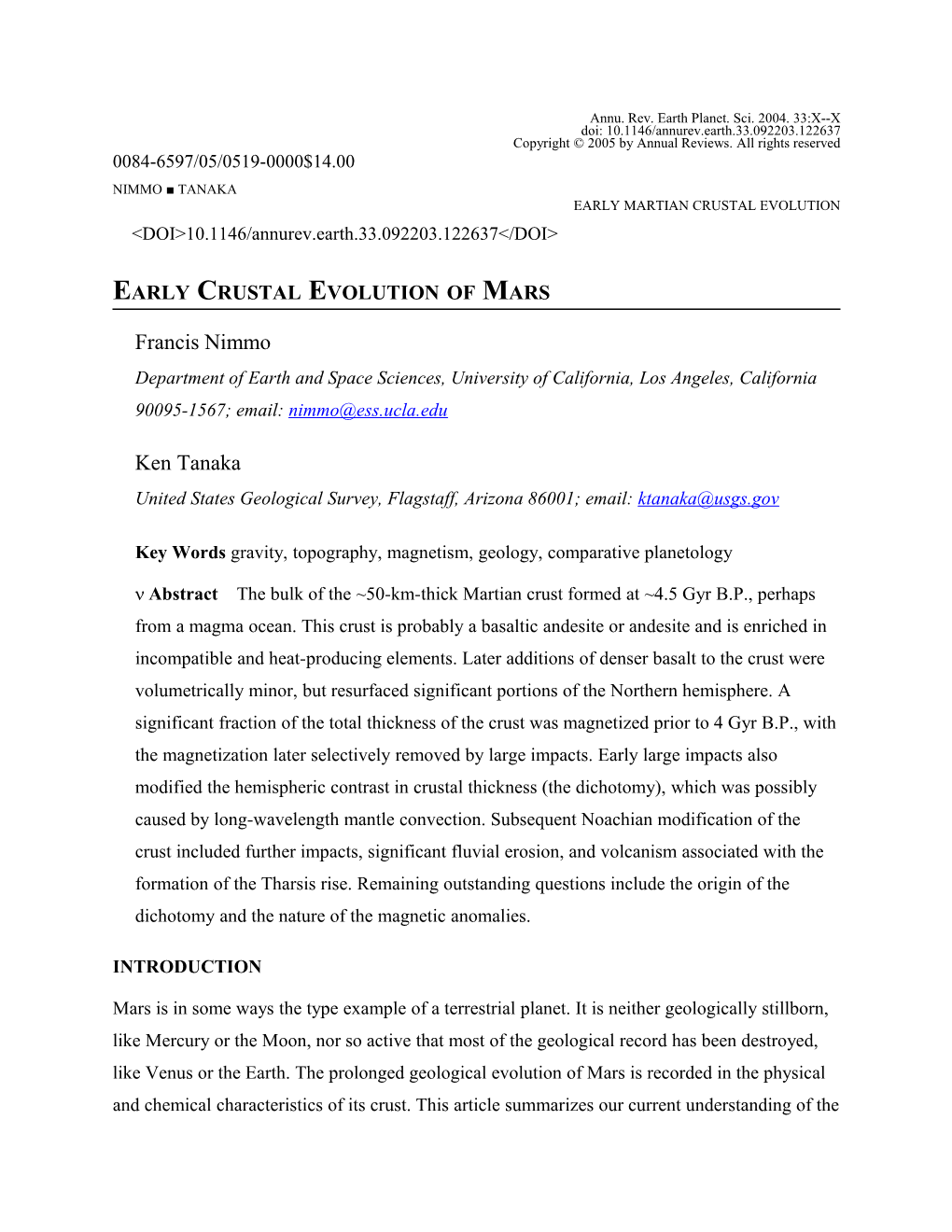 Early Crustal Evolution of Mars