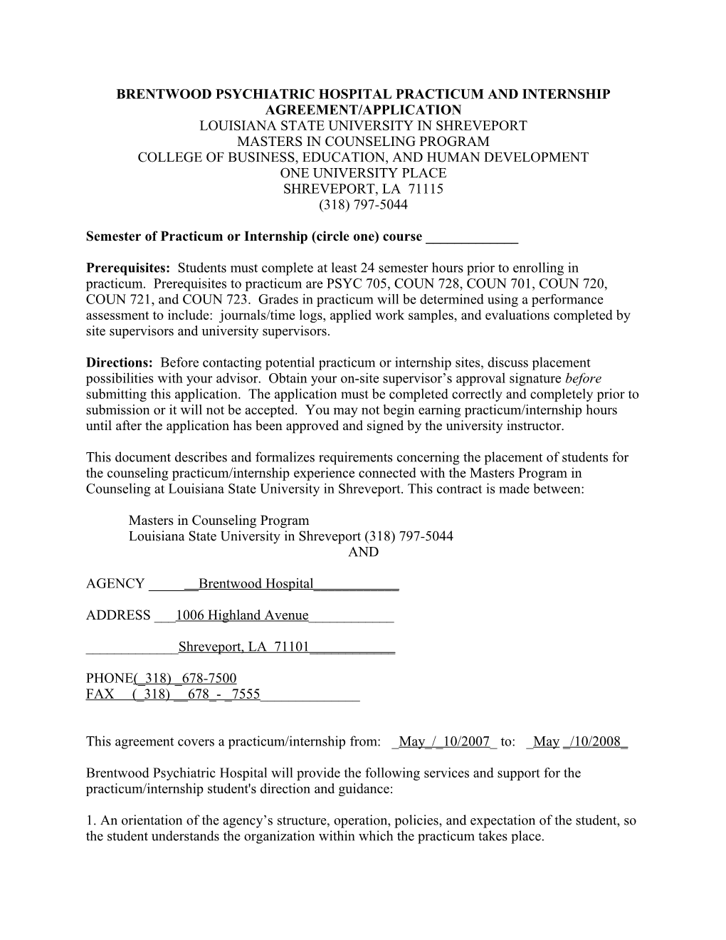 Brentwood Psychiatric Hospital Practicum and Internship Agreement/Application