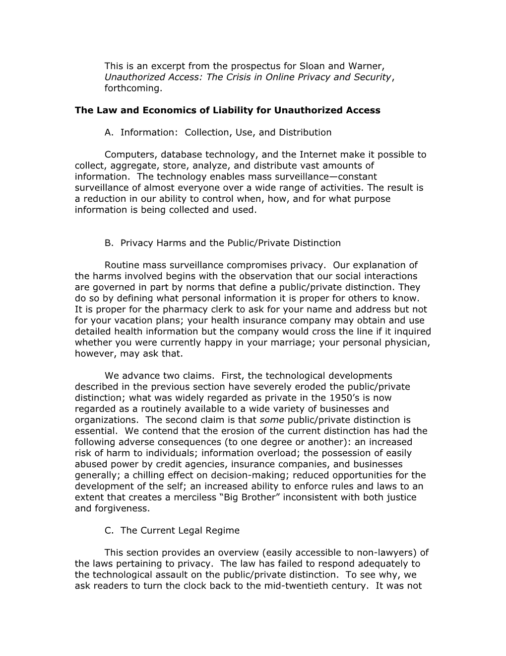 The Law And Economics Of Liability For Unauthorized Access