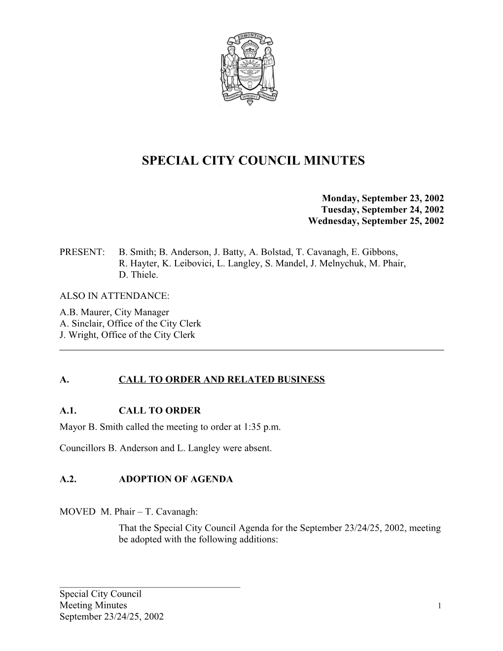 Minutes for City Council September 23, 2002 Meeting