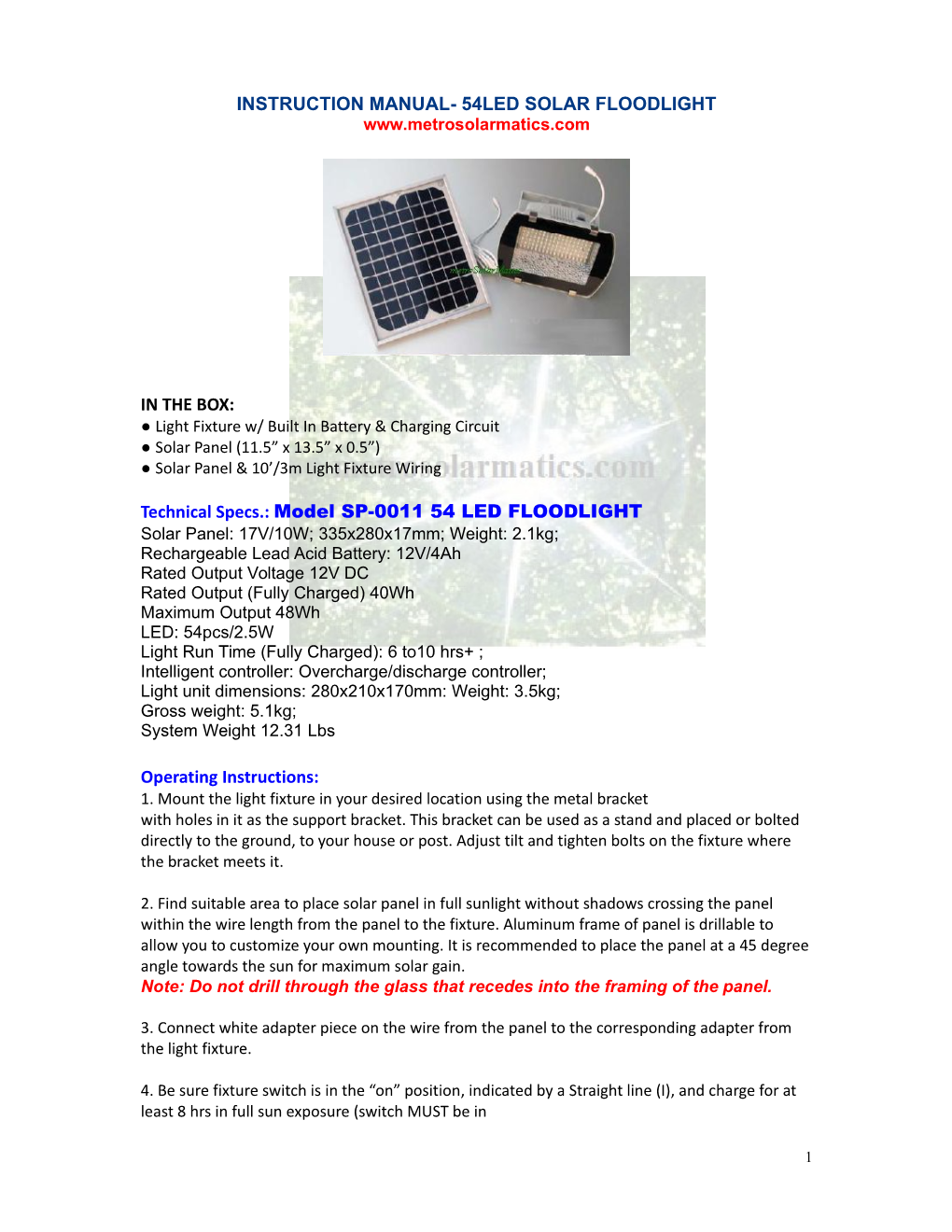 Instruction Manual- 54Led Solar Floodlight