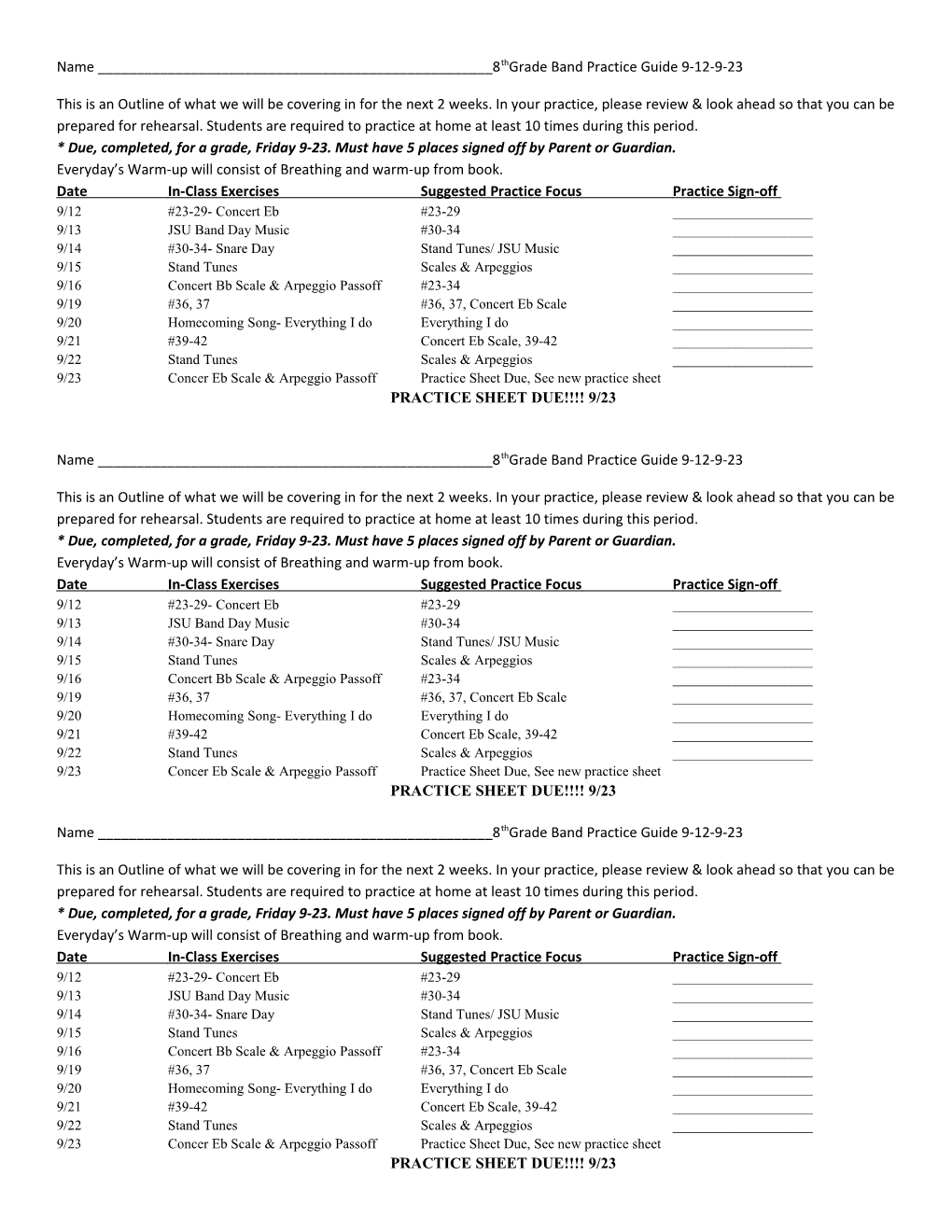 Name ______7Th Grade Band Practice Guide 2/19- 3/14 s2