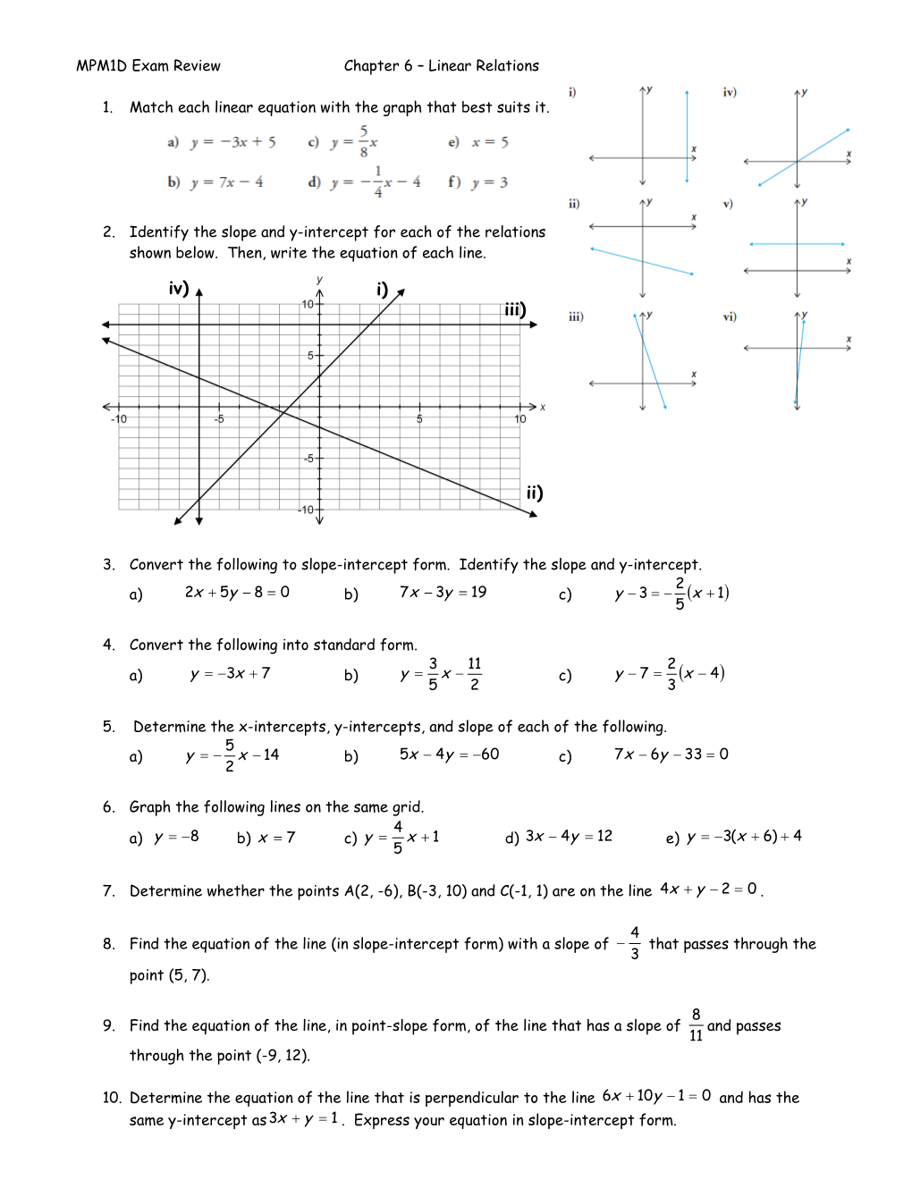MPM1D Exam Review Chapter 6 Linear Relations