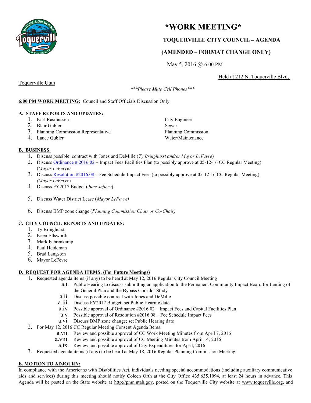 Toquerville City Council Agenda