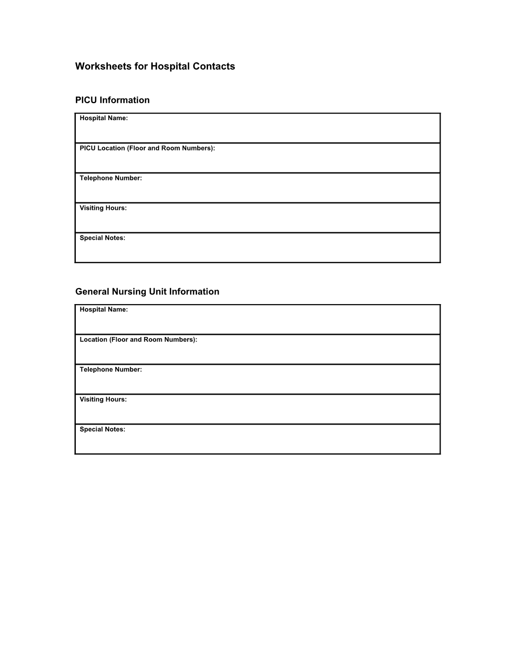 Worksheets for Hospital Contacts