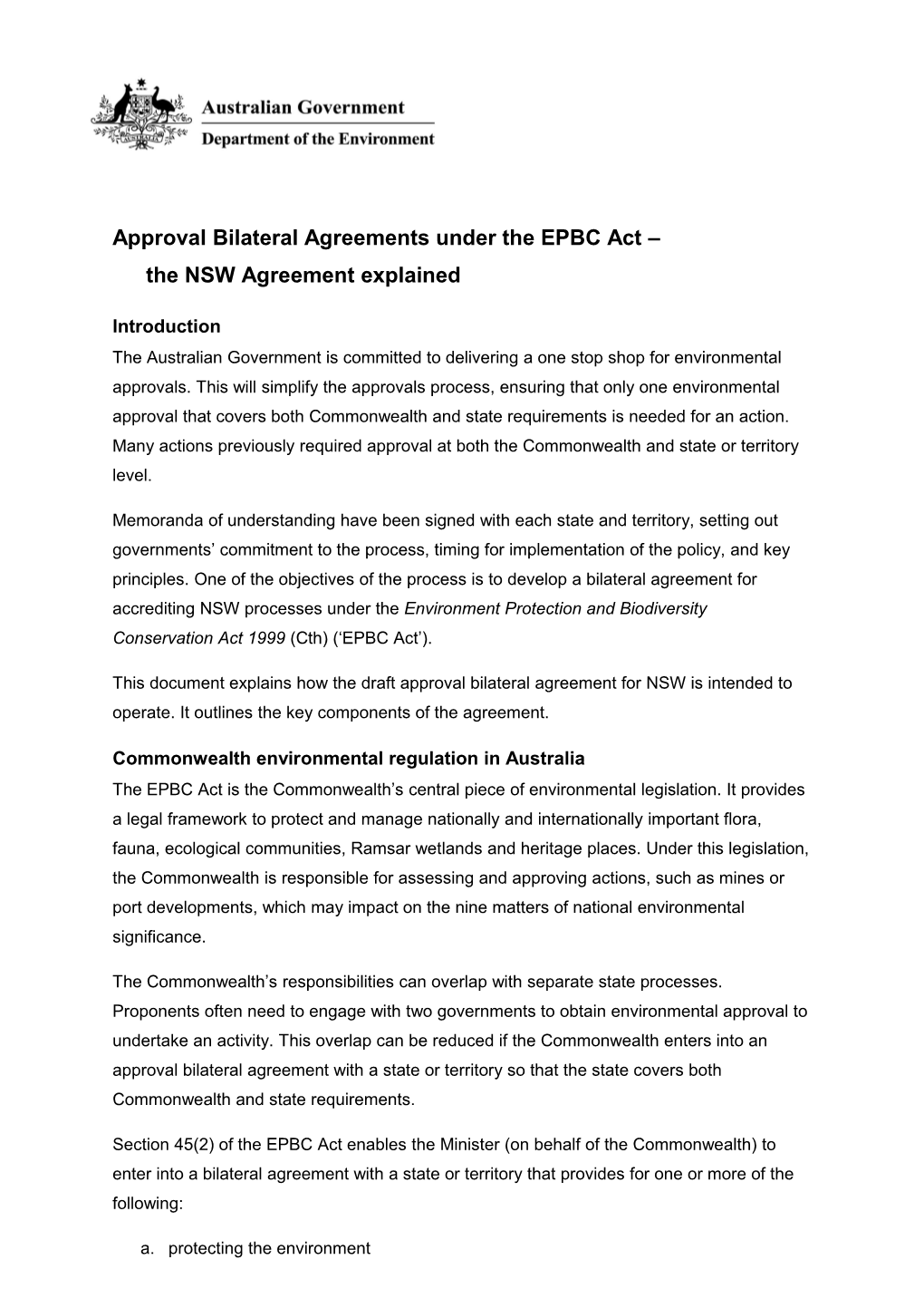 Approval Bilateral Agreements Under the EPBC Act the NSW Agreement Explained