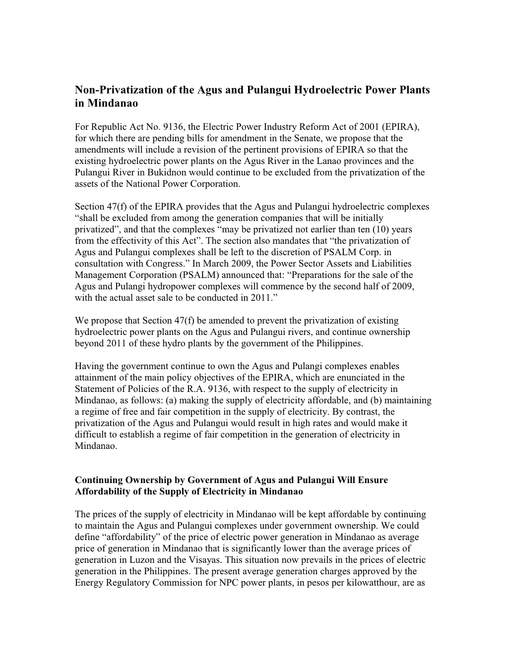 Non-Privatization of the Agus and Pulangui Hydroelectric Power Plants in Mindanao